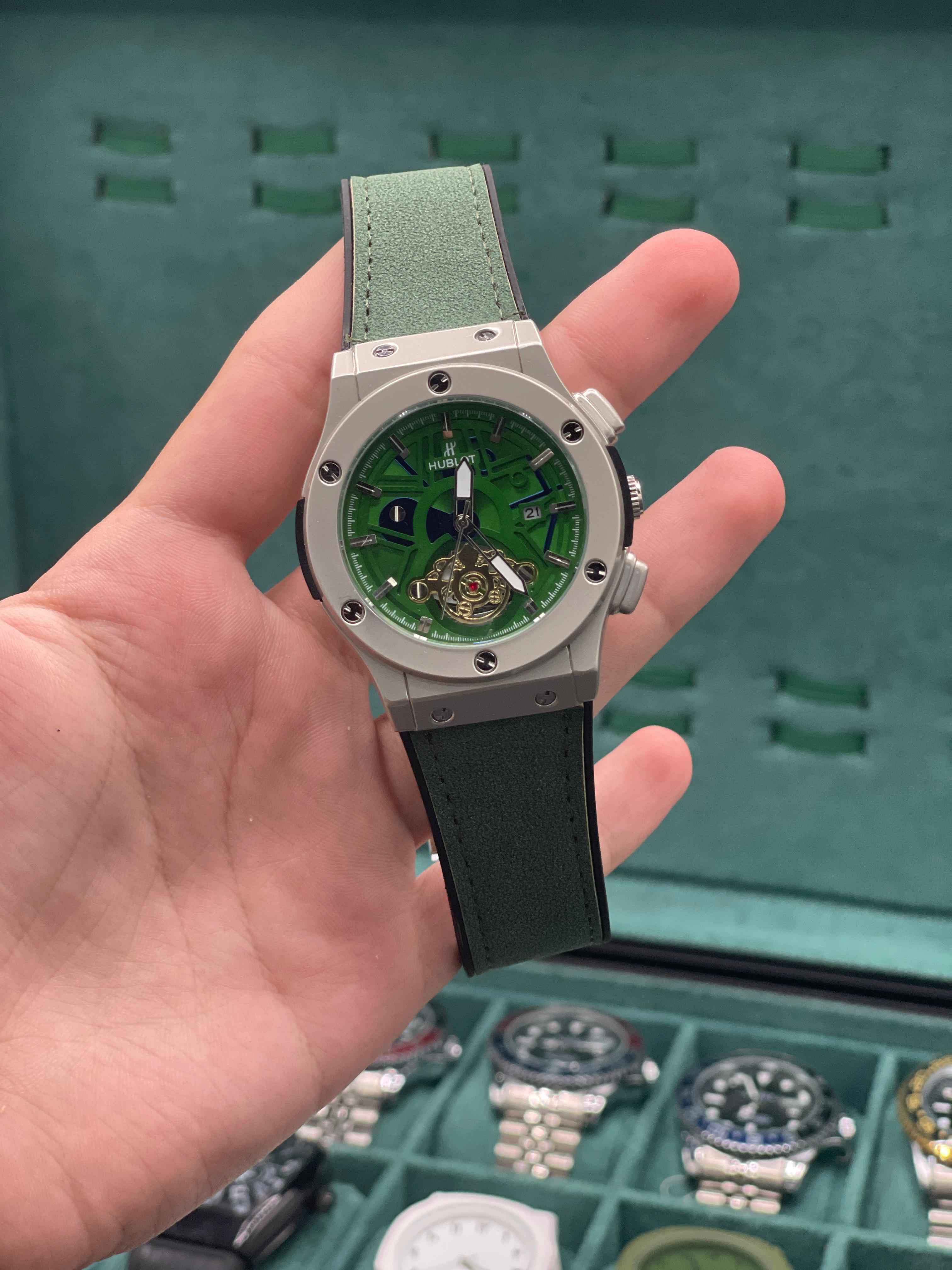 HB Green Skeleton Dial Automatic Watch with Matte Gray Case and Green Leather Strap