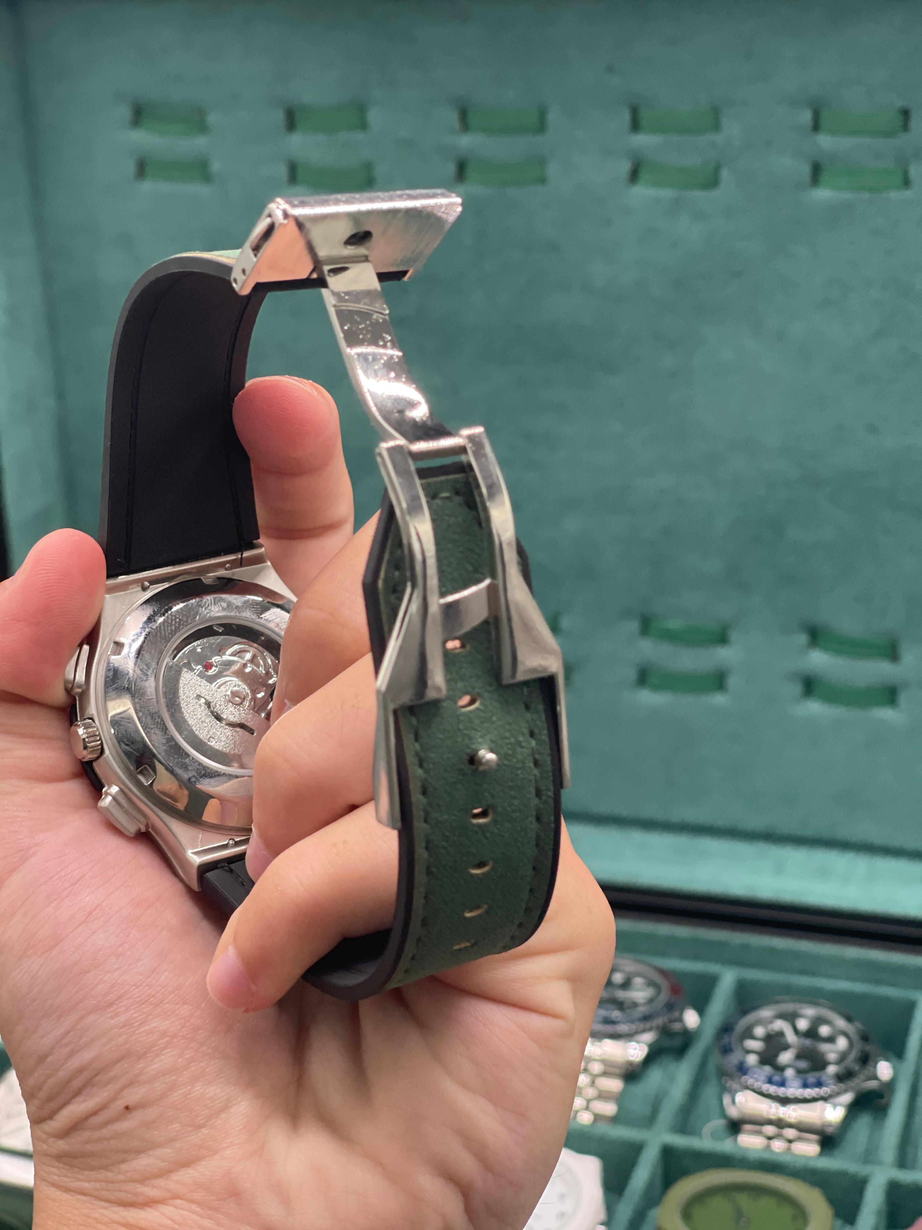 HB Green Skeleton Dial Automatic Watch with Matte Gray Case and Green Leather Strap