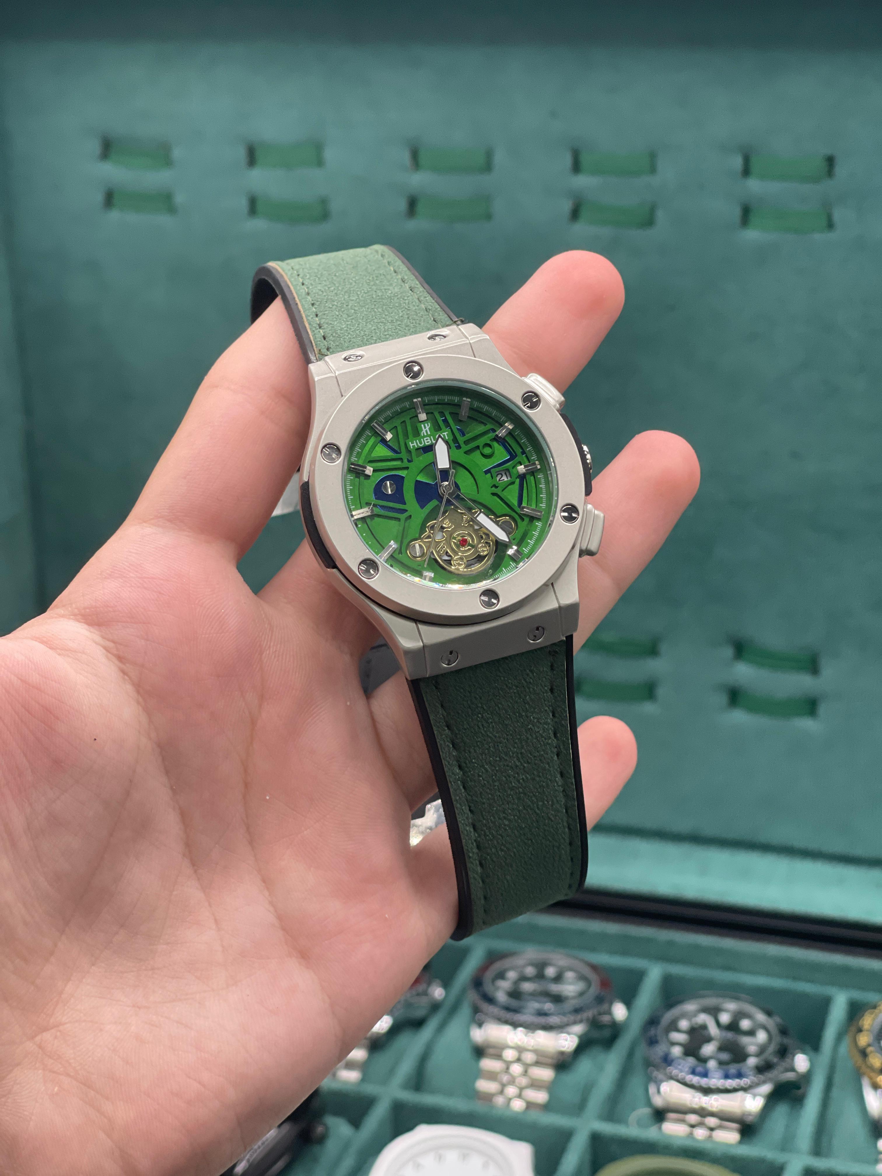 HB Green Skeleton Dial Automatic Watch with Matte Gray Case and Green Leather Strap