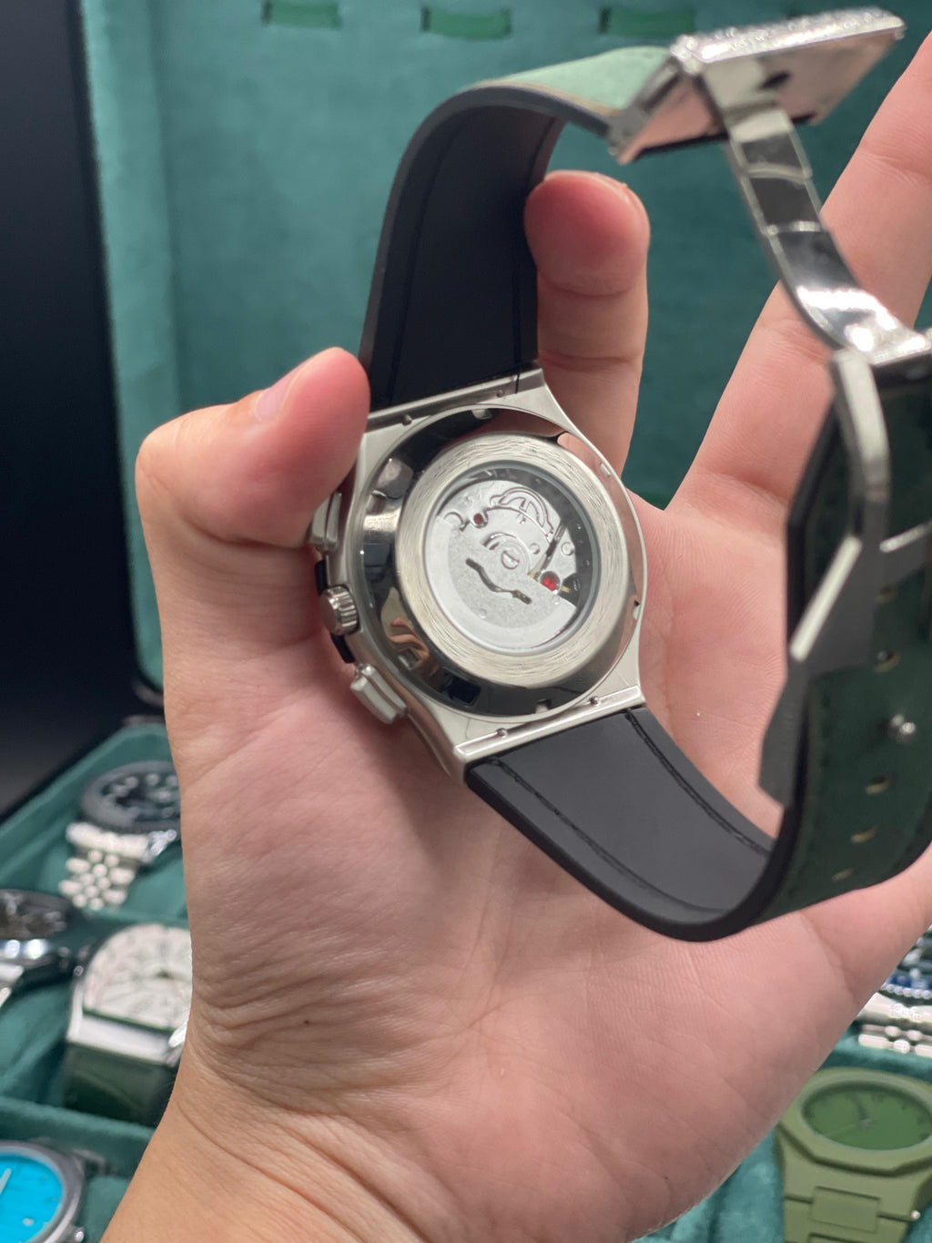 HB Green Skeleton Dial Automatic Watch with Matte Gray Case and Green Leather Strap