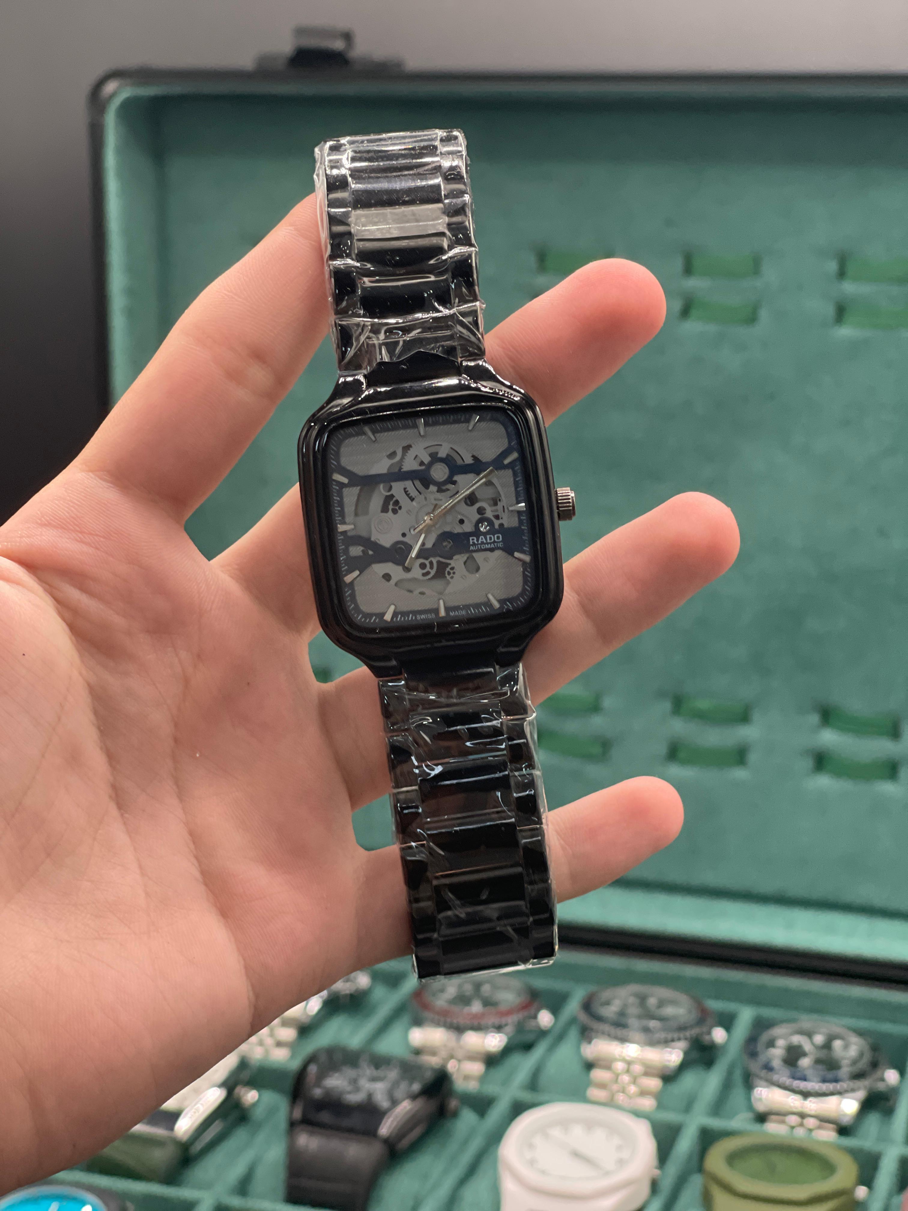 RD Black Square Skeleton Dial Automatic Watch with Glossy Ceramic Case and Bracelet