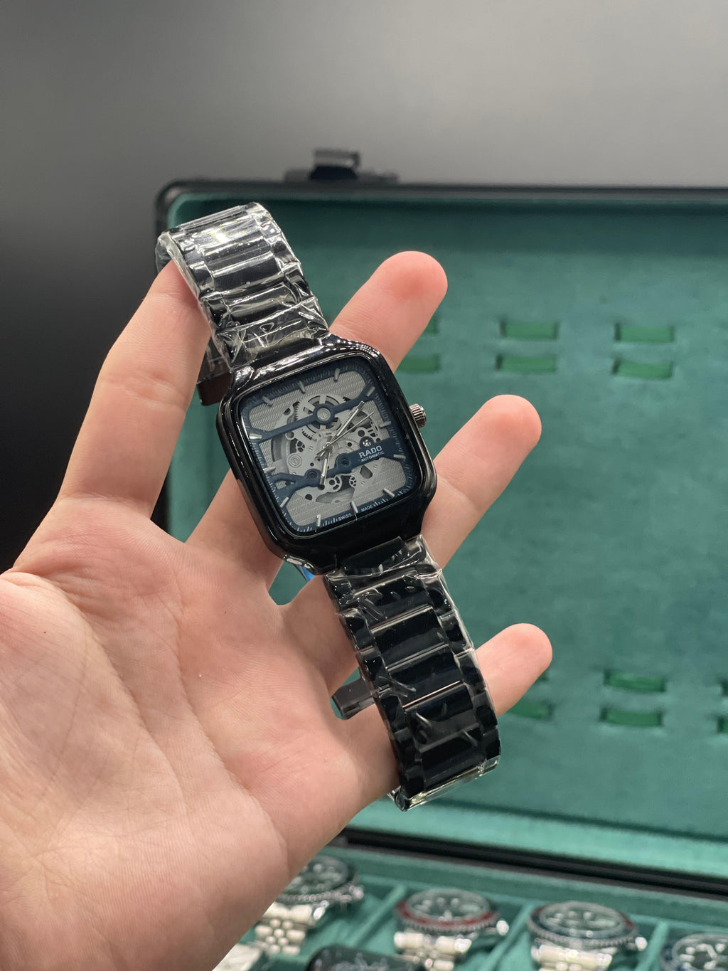 RD Black Square Skeleton Dial Automatic Watch with Glossy Ceramic Case and Bracelet