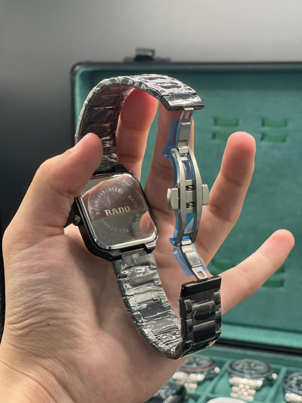 RD Black Square Skeleton Dial Automatic Watch with Glossy Ceramic Case and Bracelet