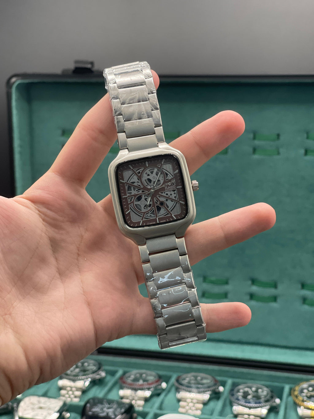 RD Matte Silver Square Skeleton Dial Automatic Watch with Stainless Steel Bracelet