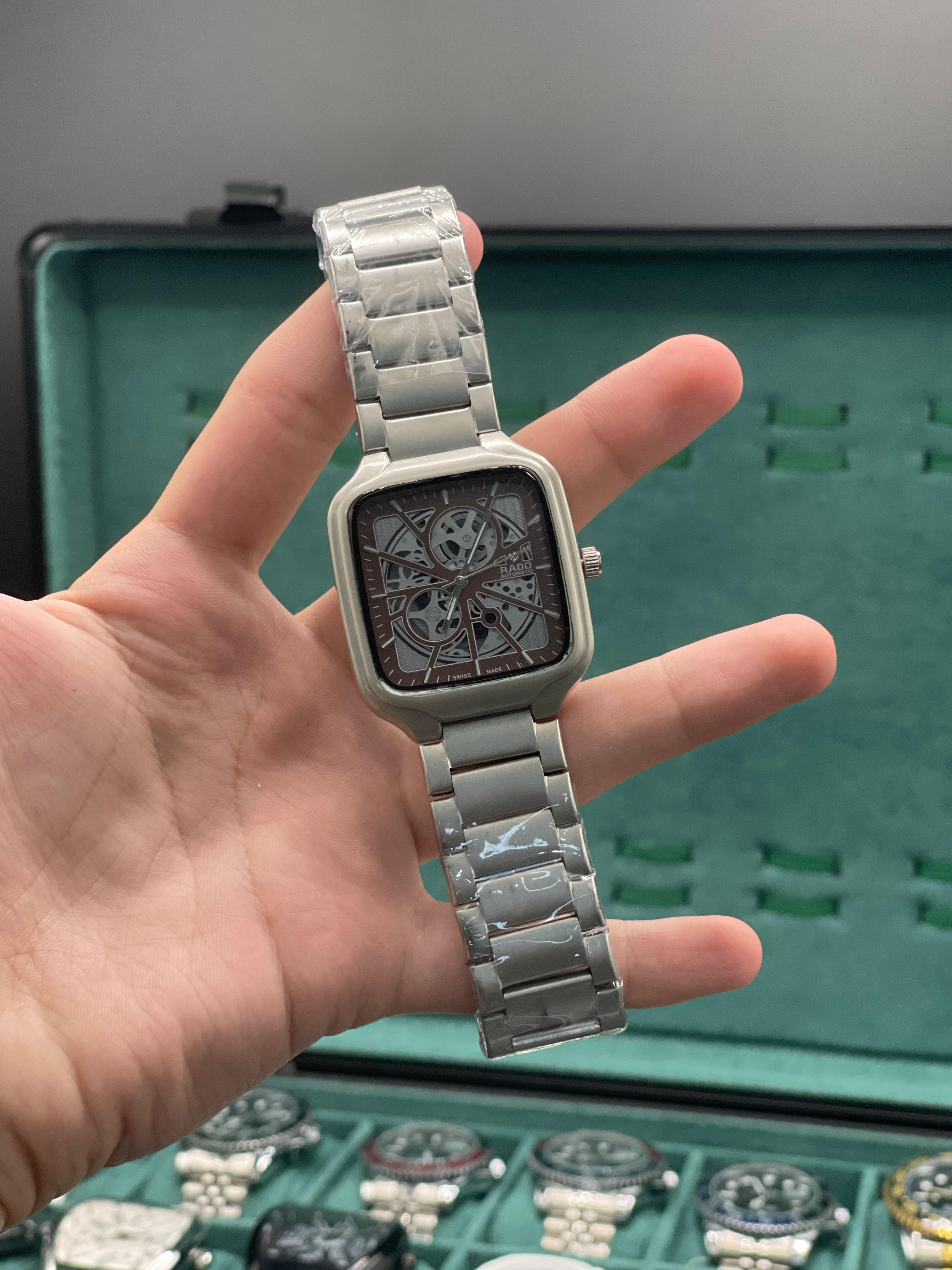 RD Matte Silver Square Skeleton Dial Automatic Watch with Stainless Steel Bracelet