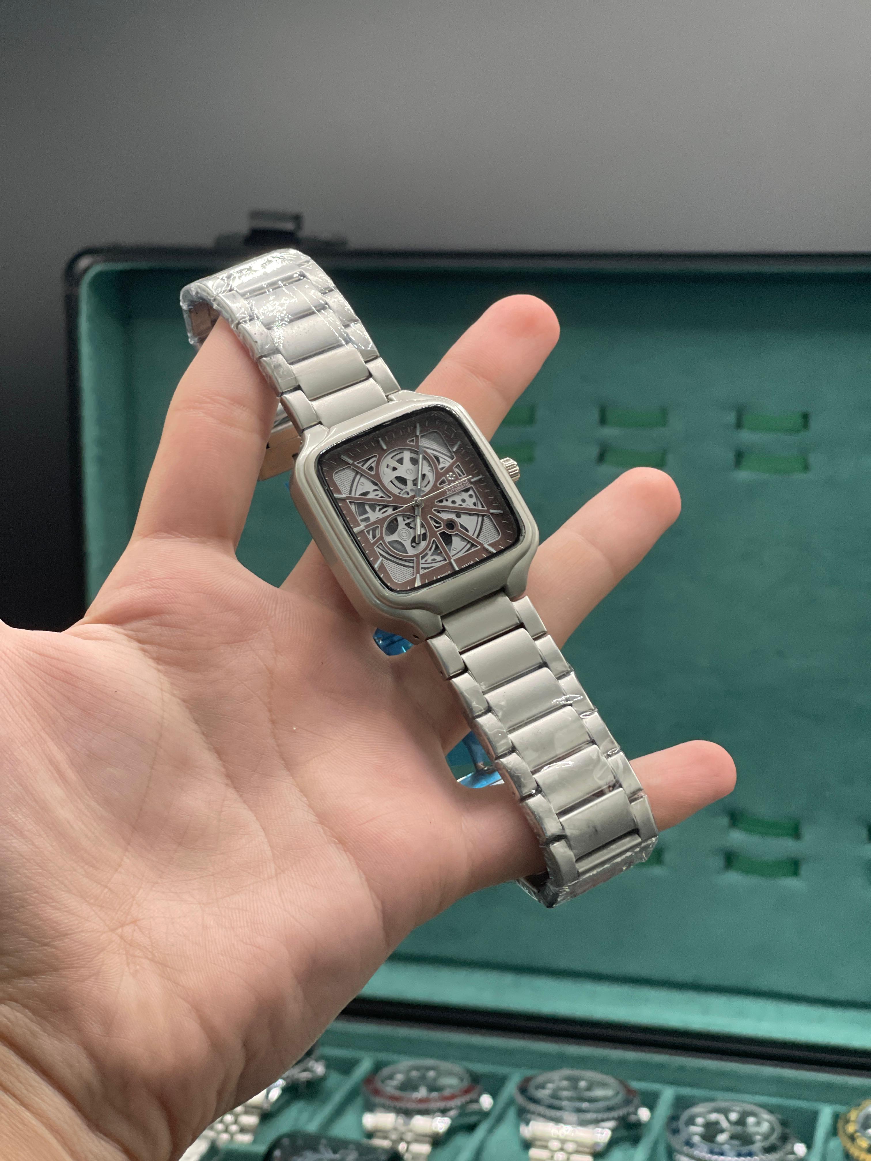 RD Matte Silver Square Skeleton Dial Automatic Watch with Stainless Steel Bracelet