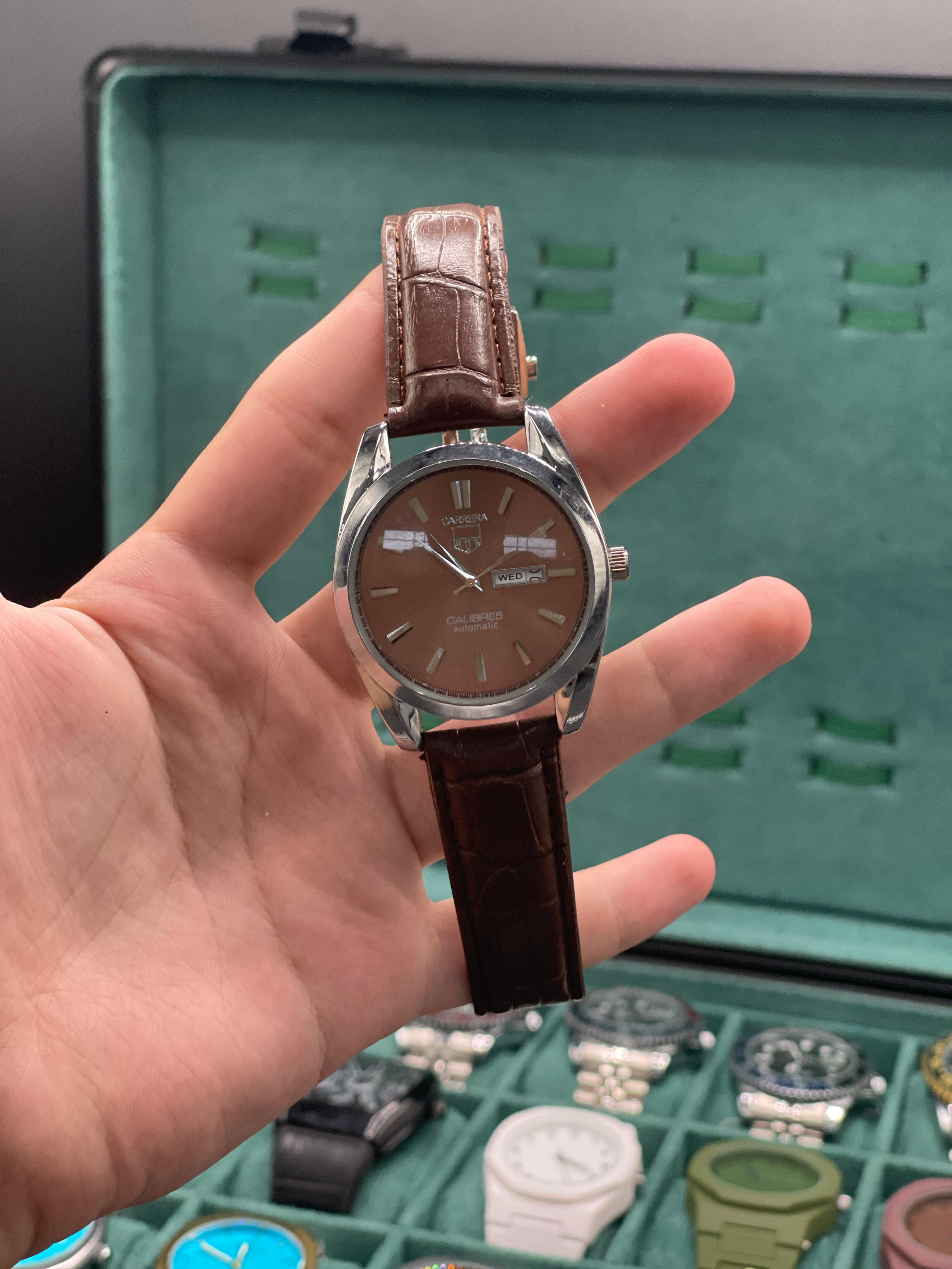 CARA Classic Brown Dial Day-Date Automatic Watch with Silver Case and Leather Strap