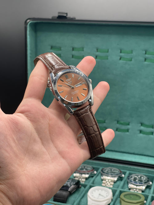 CARA Classic Brown Dial Day-Date Automatic Watch with Silver Case and Leather Strap