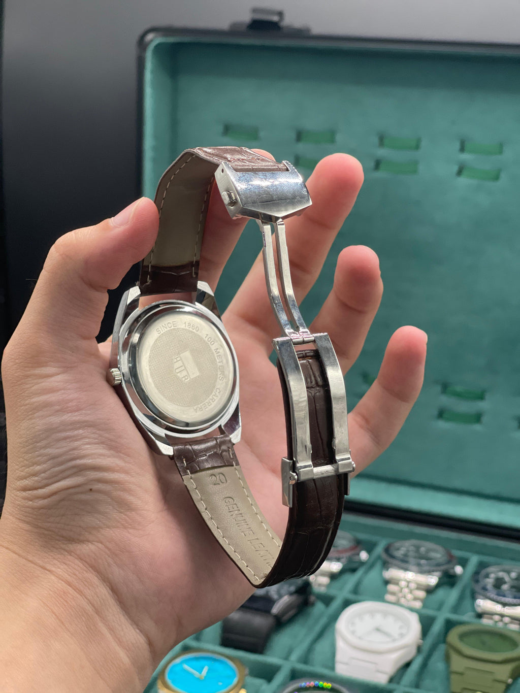 CARA Classic Brown Dial Day-Date Automatic Watch with Silver Case and Leather Strap