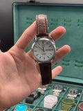 CARA Silver Dial Day-Date Automatic Watch with Polished Case and Brown Leather Strap