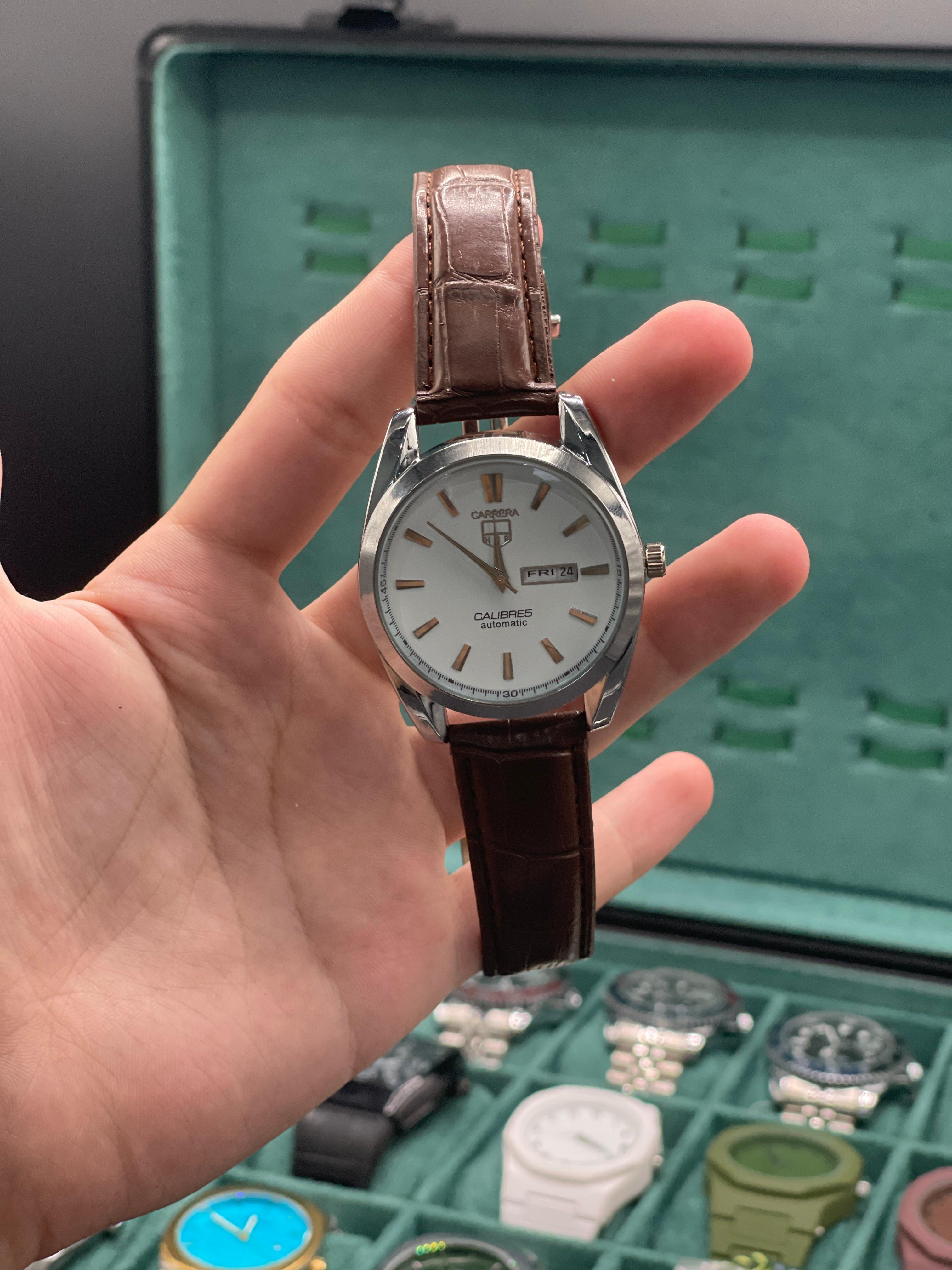 CARA Silver Dial Day-Date Automatic Watch with Polished Case and Brown Leather Strap