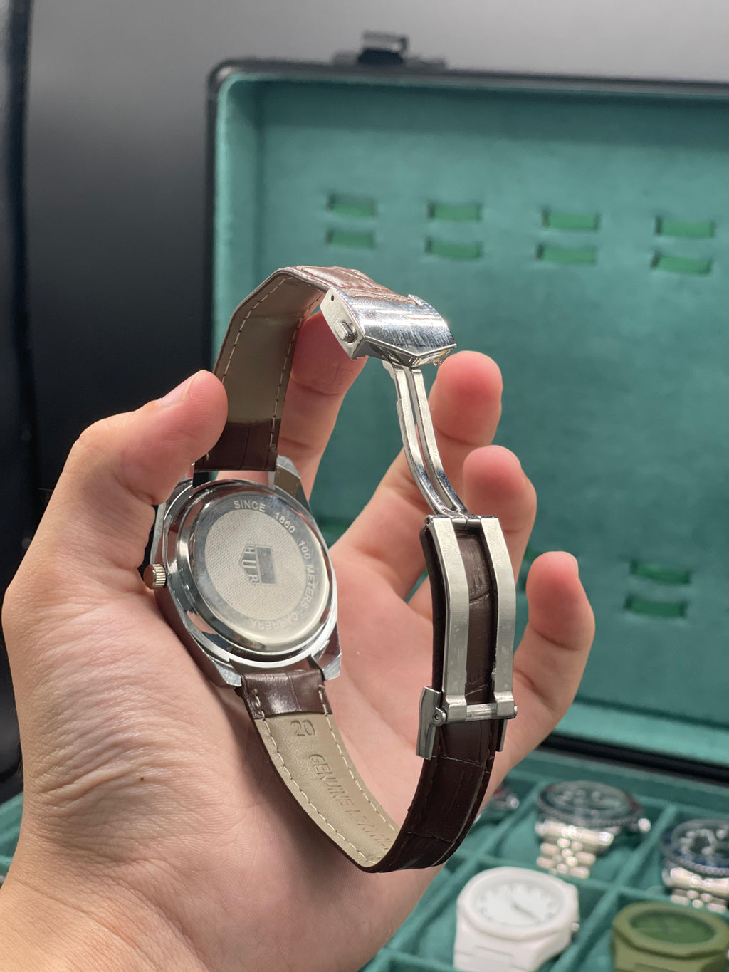 CARA Silver Dial Day-Date Automatic Watch with Polished Case and Brown Leather Strap