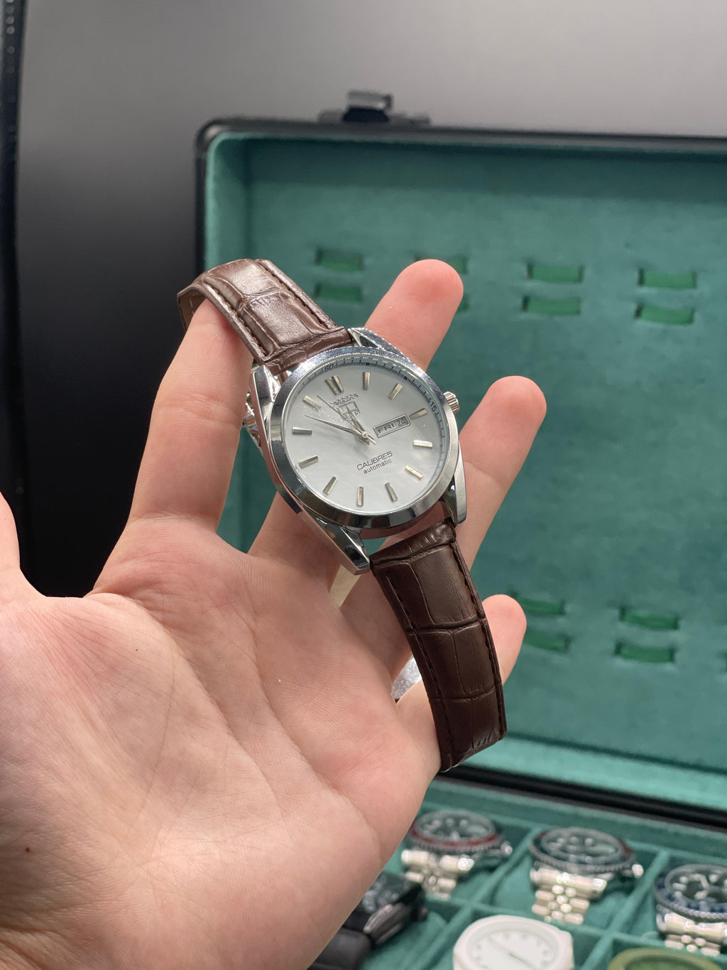 CARA Silver Dial Day-Date Automatic Watch with Polished Case and Brown Leather Strap