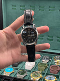 CARA Black Dial Day-Date Automatic Watch with Polished Silver Case and Leather Strap