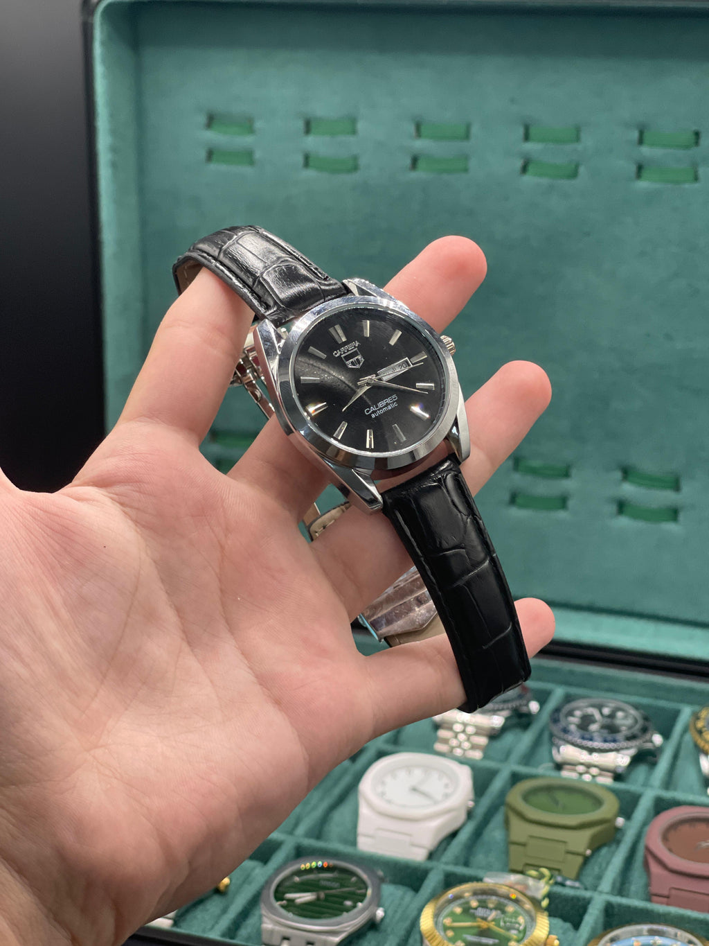 CARA Black Dial Day-Date Automatic Watch with Polished Silver Case and Leather Strap