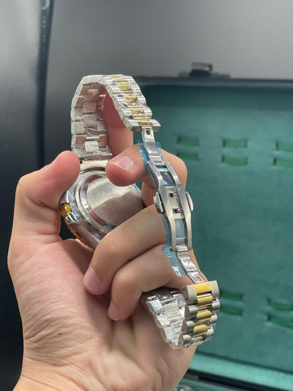 RLX Two-Tone Dive Style Watch with Green Dial, Gold Bezel, and Jubilee Bracelet