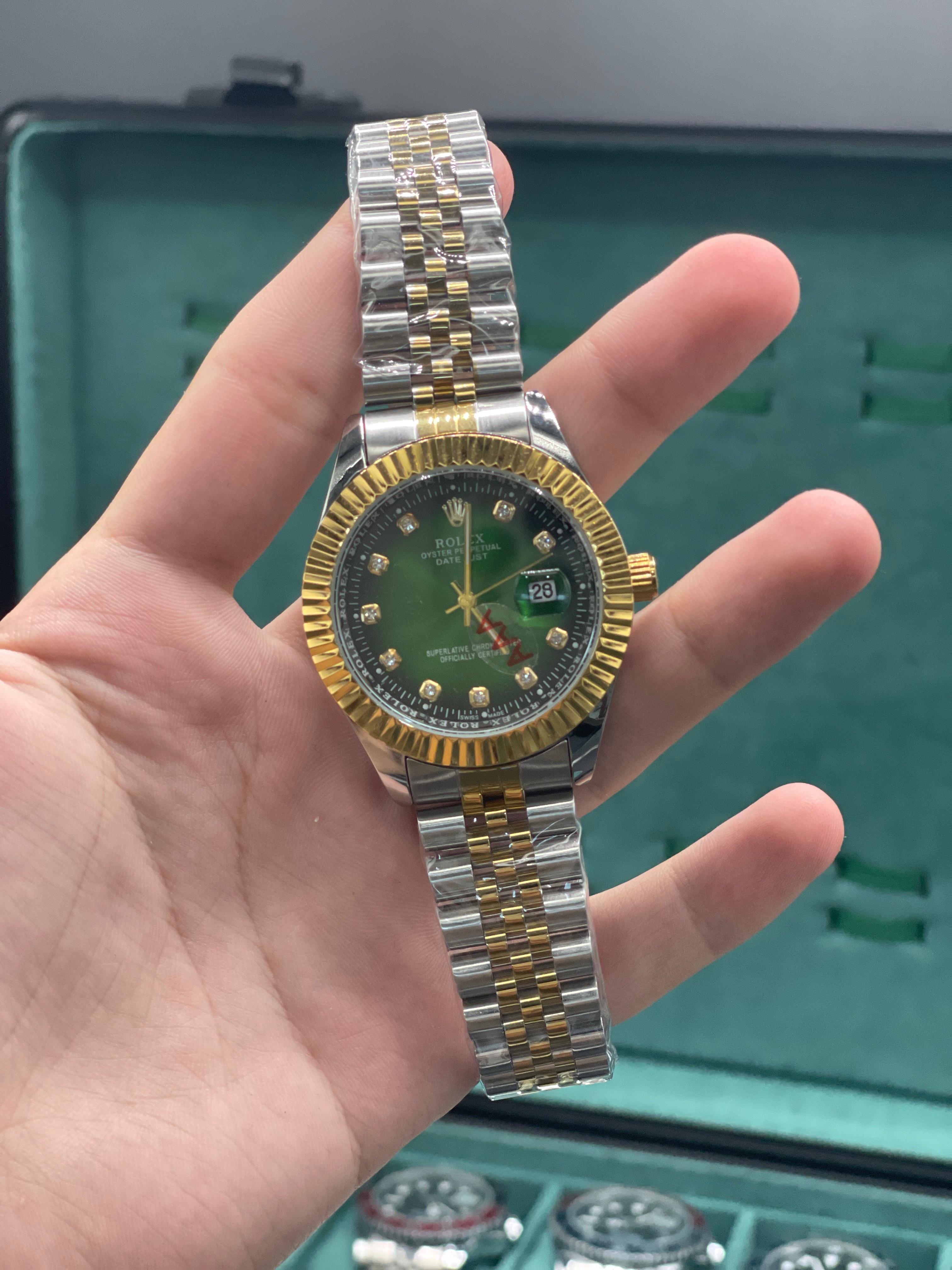 RLX Two-Tone Luxury Dress Watch with Green Diamond Dial, Fluted Bezel, and Jubilee Bracelet