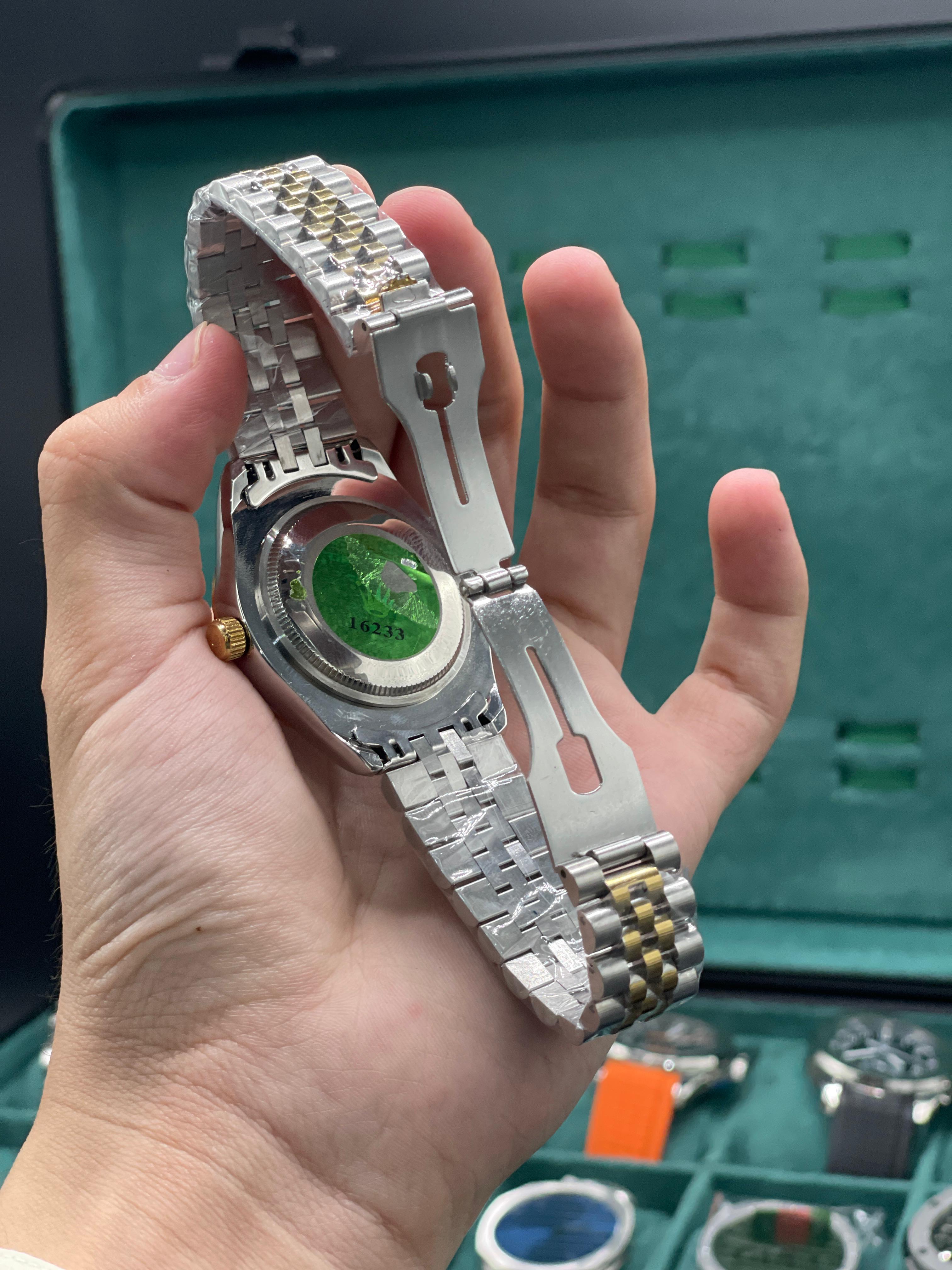 RLX Two-Tone Luxury Dress Watch with Green Diamond Dial, Fluted Bezel, and Jubilee Bracelet