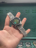 RLX Stainless Steel Dress Watch with Olive Green Diamond Dial, Smooth Bezel, and Jubilee Bracelet