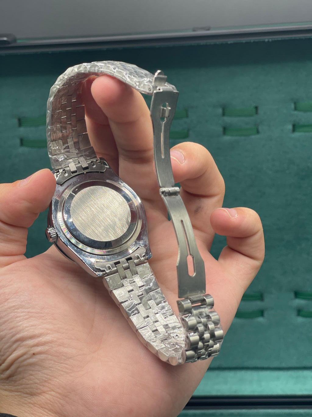 RLX Stainless Steel Dress Watch with Silver Diamond Dial, Smooth Bezel, and Jubilee Bracelet
