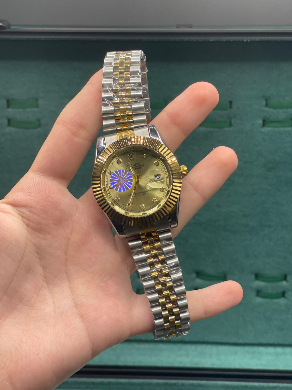 RLX Two-Tone Luxury Dress Watch with Champagne Gold Diamond Dial, Fluted Gold Bezel, and Jubilee Bracelet