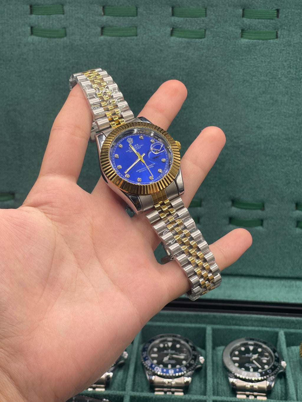 RLX Two-Tone Luxury Dress Watch with Royal Blue Diamond Dial, Gold Fluted Bezel, and Jubilee Bracelet