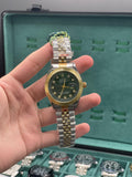 RLX Stainless Steel Chain 7999 /Two-Tone Luxury Dress Watch with Olive Green Diamond Dial, Gold Fluted Bezel, and Jubilee Bracelet