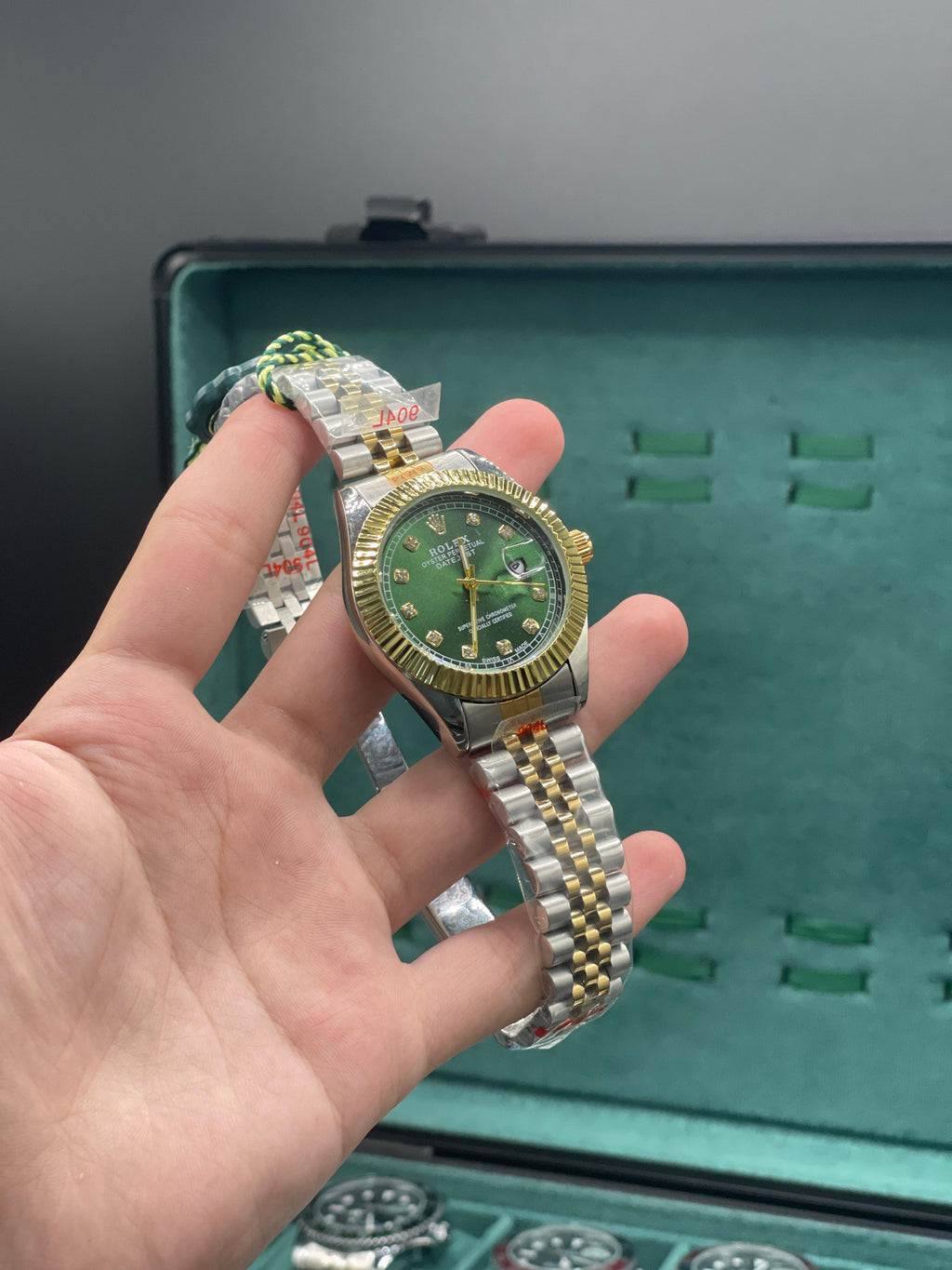 RLX Stainless Steel Chain 7999 /Two-Tone Luxury Dress Watch with Olive Green Diamond Dial, Gold Fluted Bezel, and Jubilee Bracelet
