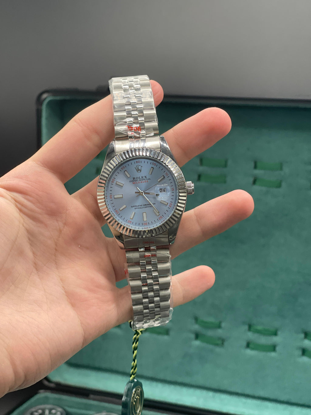 RLX Stainless Steel Luxury Dress Watch with Ice Blue Dial, Fluted Bezel, and Jubilee Bracelet