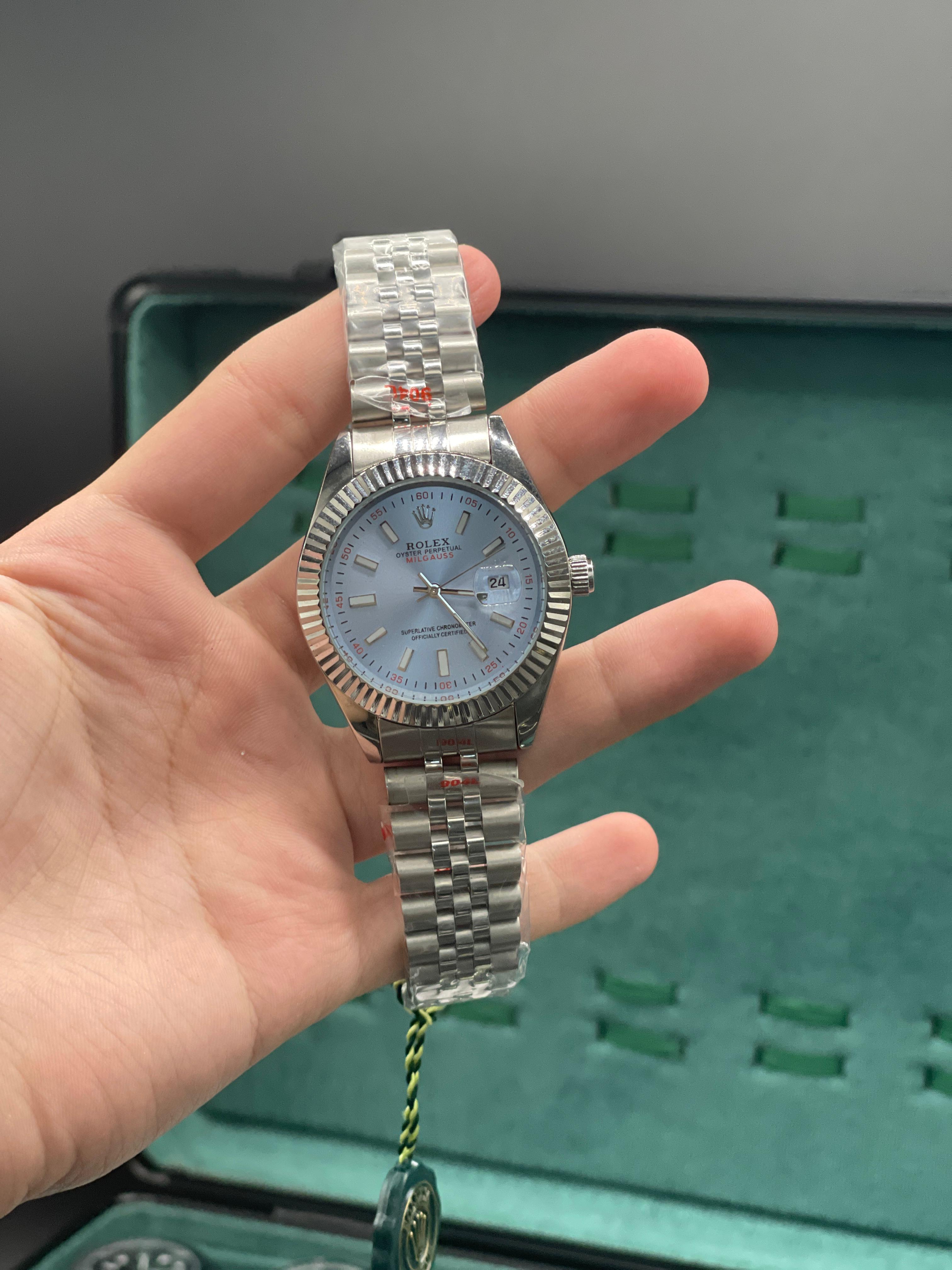 RLX Stainless Steel Luxury Dress Watch with Ice Blue Dial, Fluted Bezel, and Jubilee Bracelet