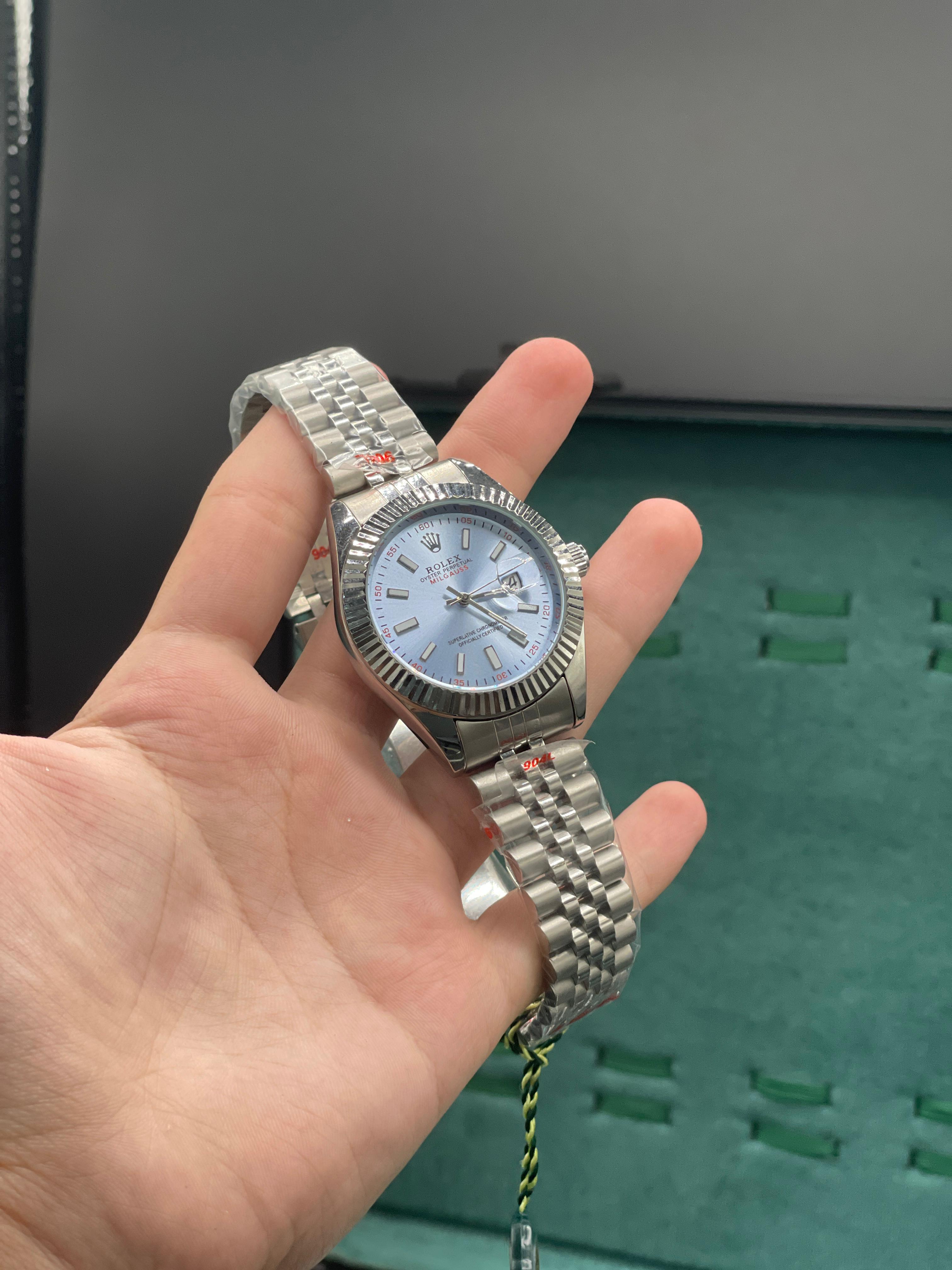 RLX Stainless Steel Luxury Dress Watch with Ice Blue Dial, Fluted Bezel, and Jubilee Bracelet