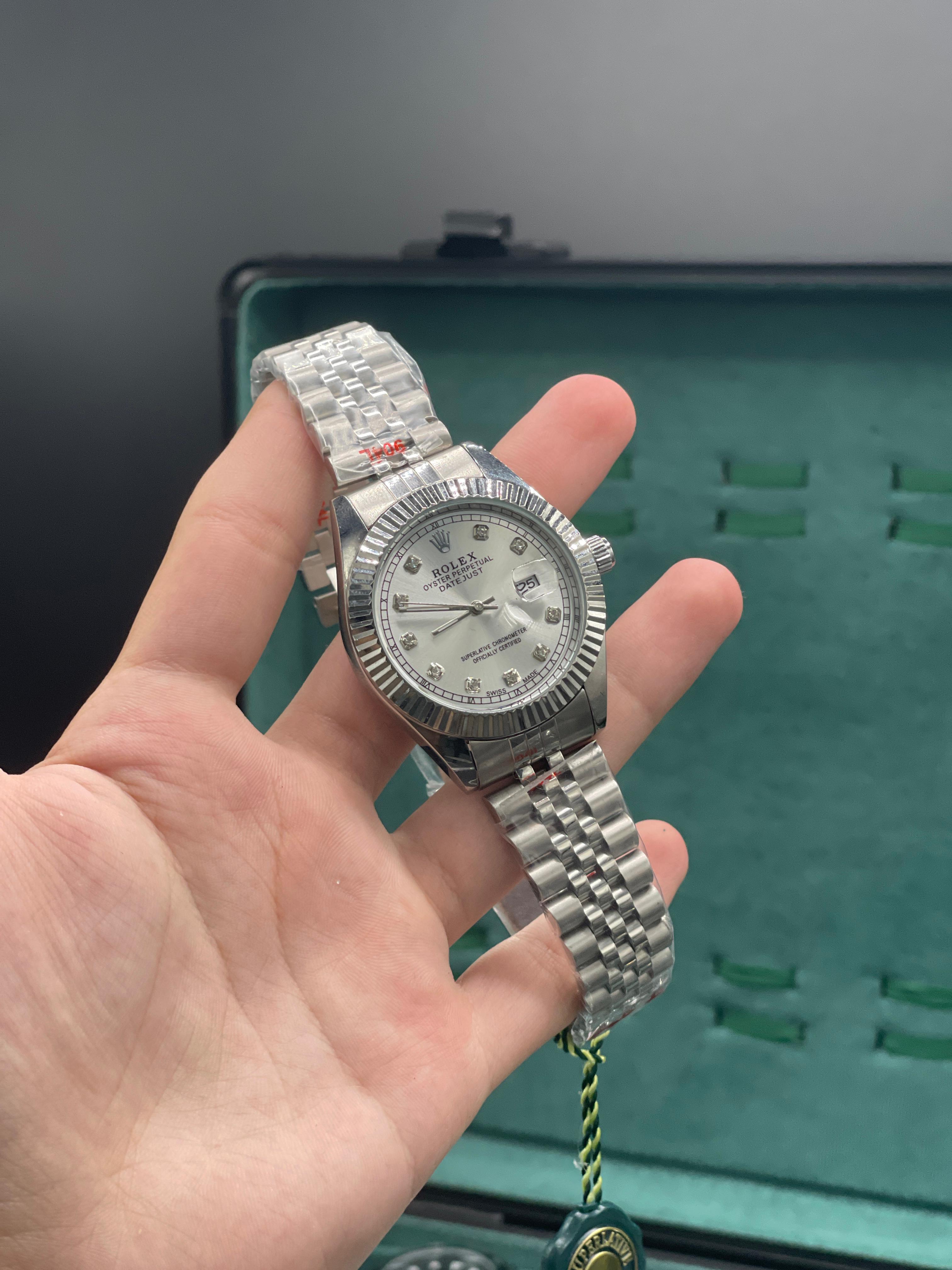 RLX Stainless Steel Luxury Dress Watch with Silver Diamond Dial, Fluted Bezel, and Jubilee Bracelet