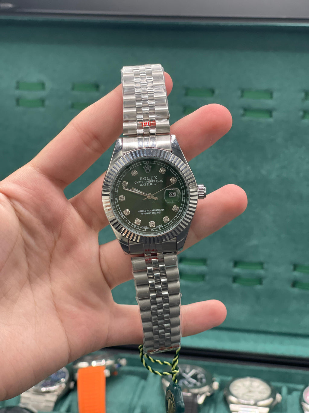 RLX Stainless Steel Luxury Dress Watch with Olive Green Diamond Dial, Fluted Bezel, and Jubilee Bracelet