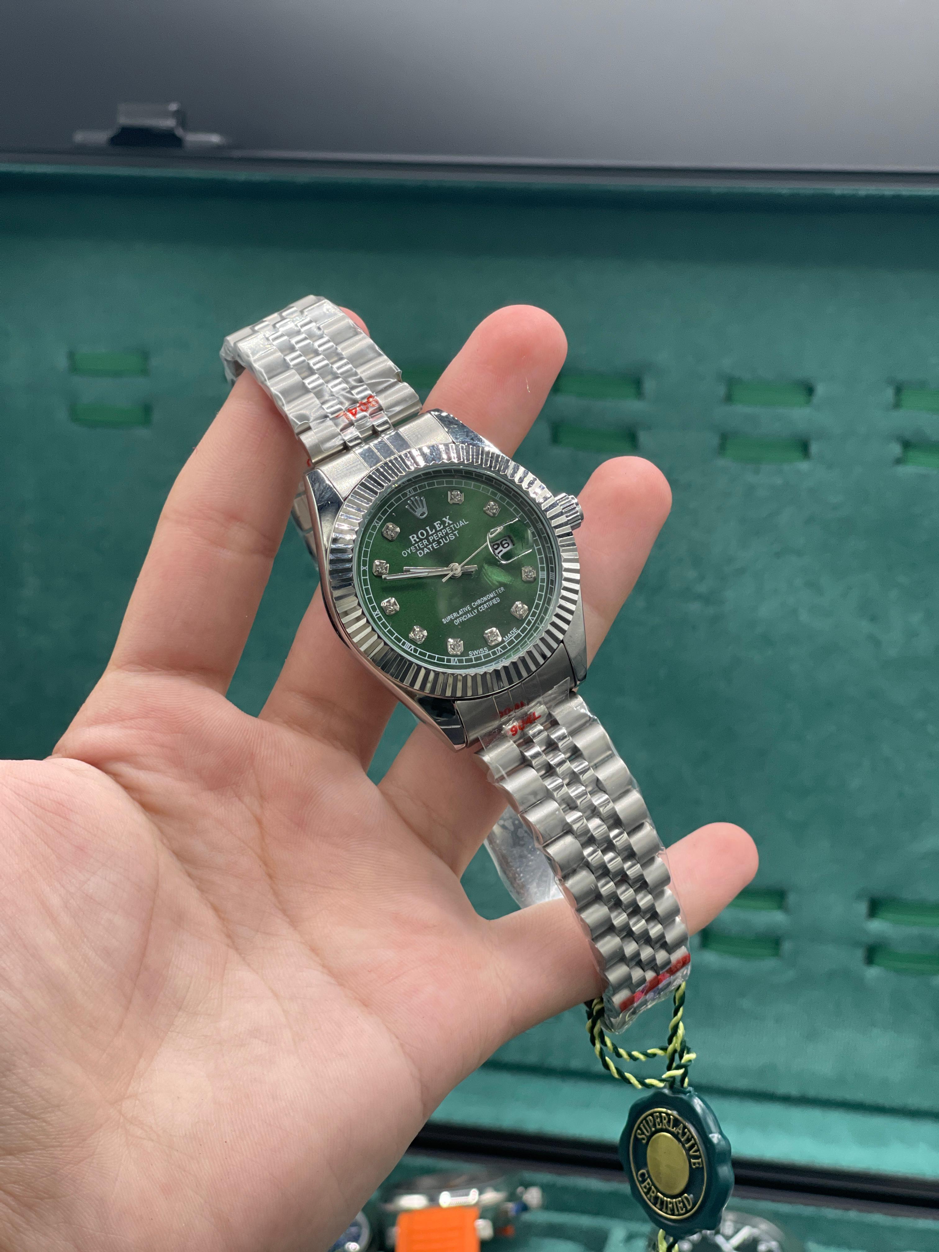 RLX Stainless Steel Luxury Dress Watch with Olive Green Diamond Dial, Fluted Bezel, and Jubilee Bracelet