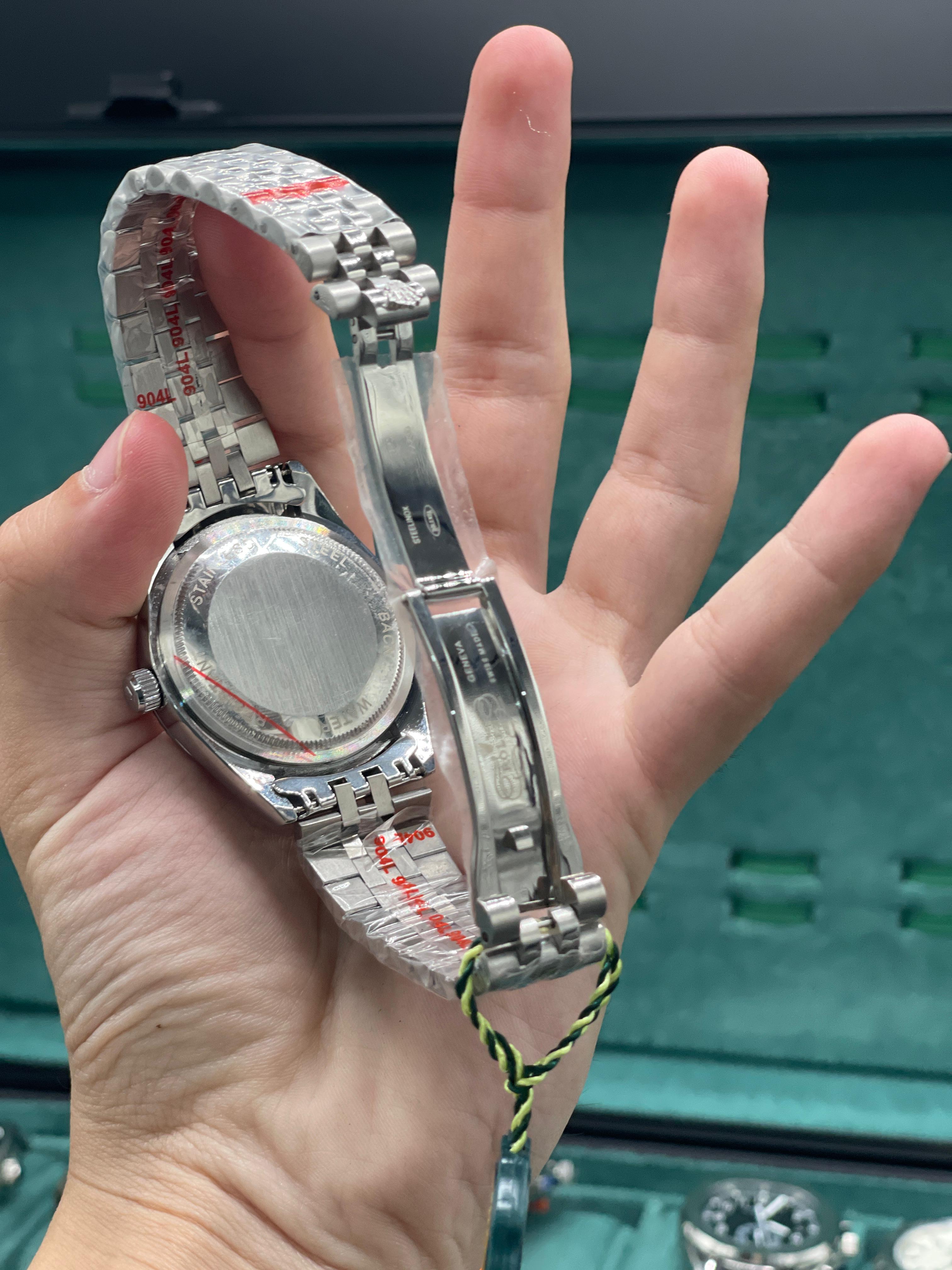 RLX Stainless Steel Luxury Dress Watch with Olive Green Diamond Dial, Fluted Bezel, and Jubilee Bracelet