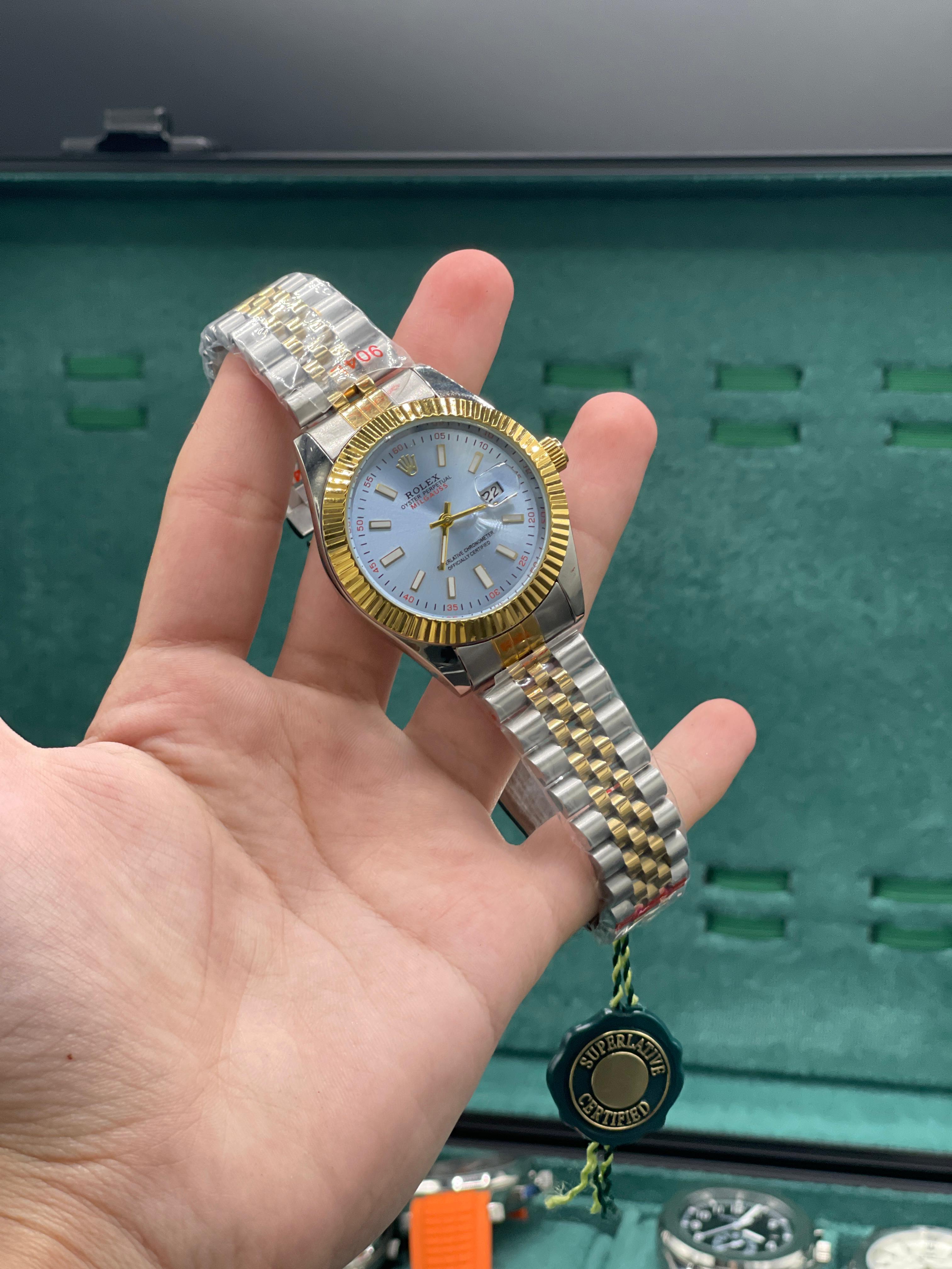 RLX Two-Tone Luxury Dress Watch with Ice Blue Dial, Gold Fluted Bezel, and Jubilee Bracelet