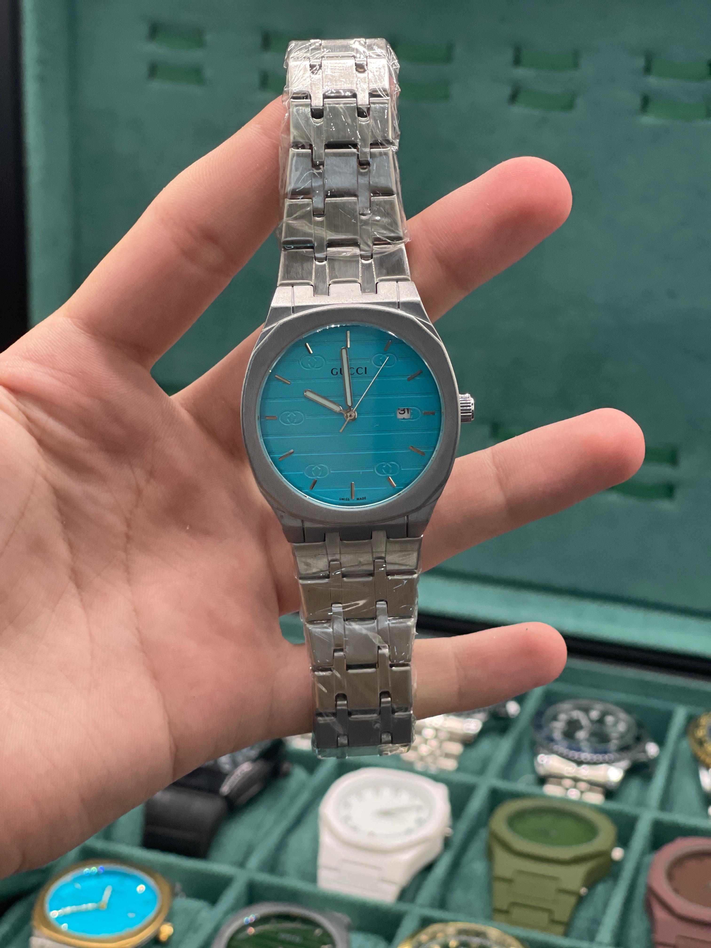 GUCI Stainless Steel Luxury Sports Watch with Turquoise Textured Dial, Integrated Bracelet, and Octagonal Case