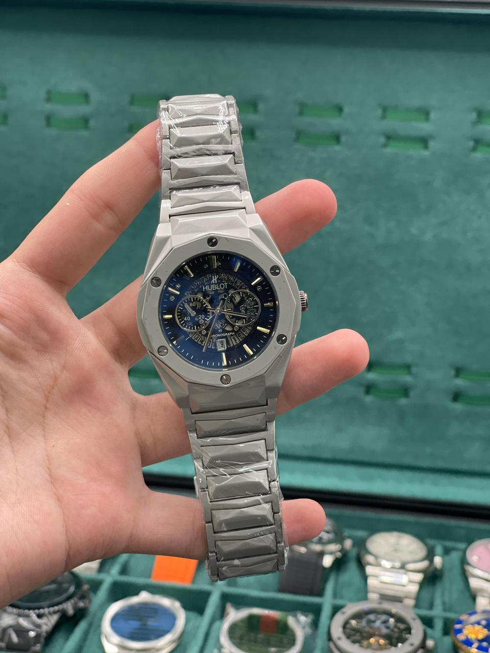 HB Silver Chain With Black Chronograph Dial Watch