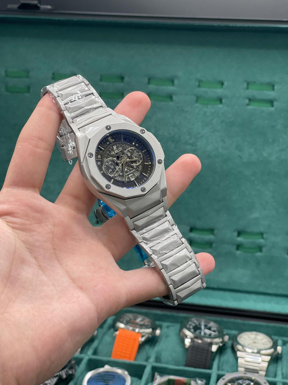 HB Silver Chain With Black Chronograph Dial Watch