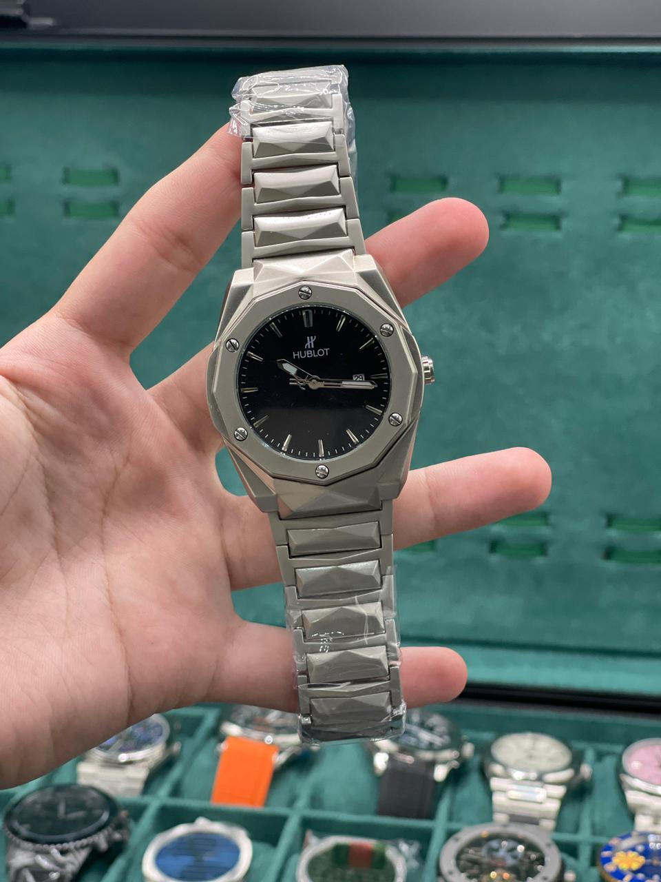 HB Silver Chain With Black Plain Dial Watch