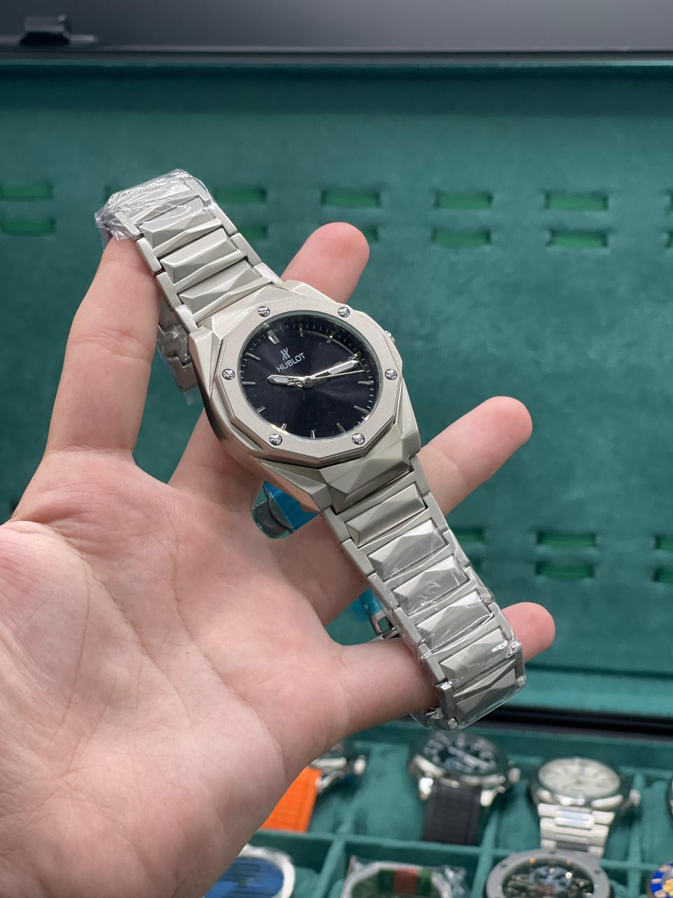 HB Silver Chain With Black Plain Dial Watch