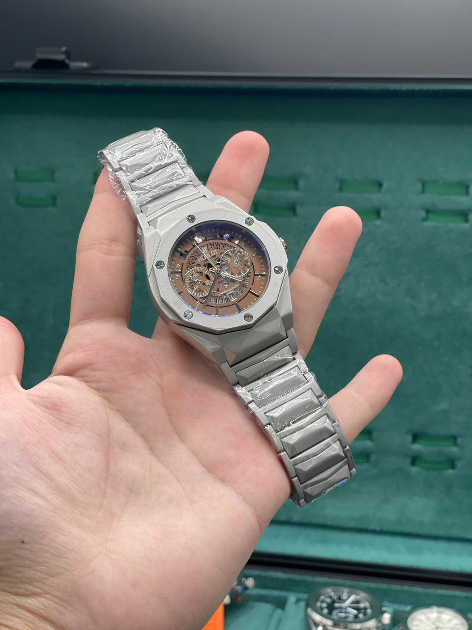 HB Silver Chain With Chronograph Brown Dial Watch