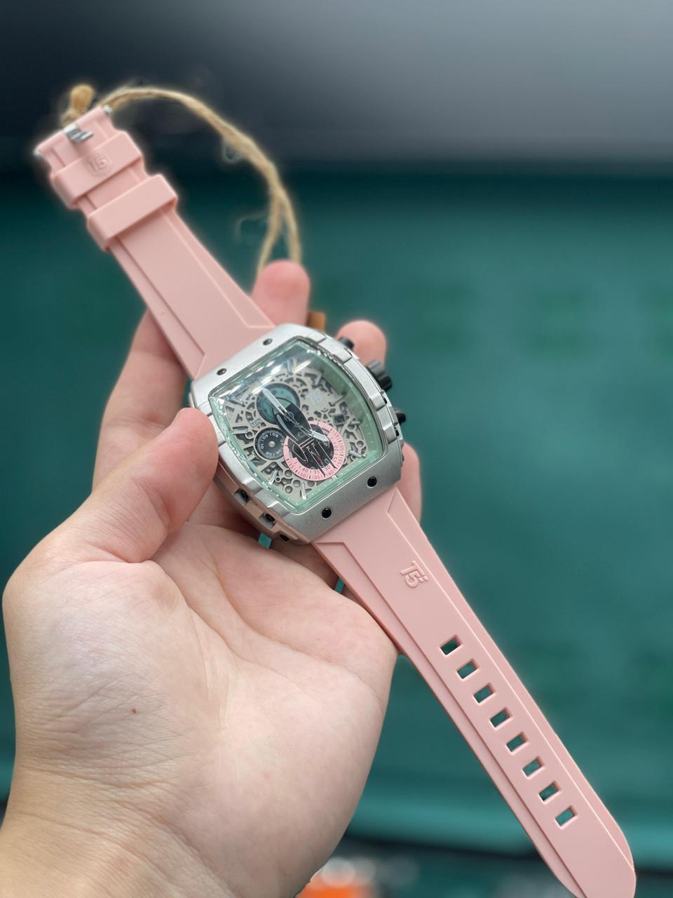 T5 Pink Rubber Strap With Chronograph Working Dial Watch.