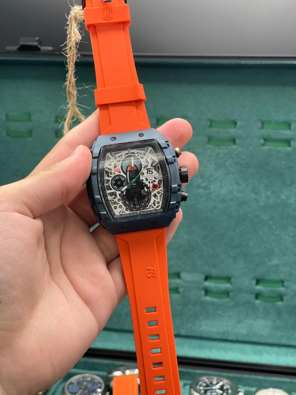 T5 Orange Rubber Strap With Chronograph Working Dial Watch.