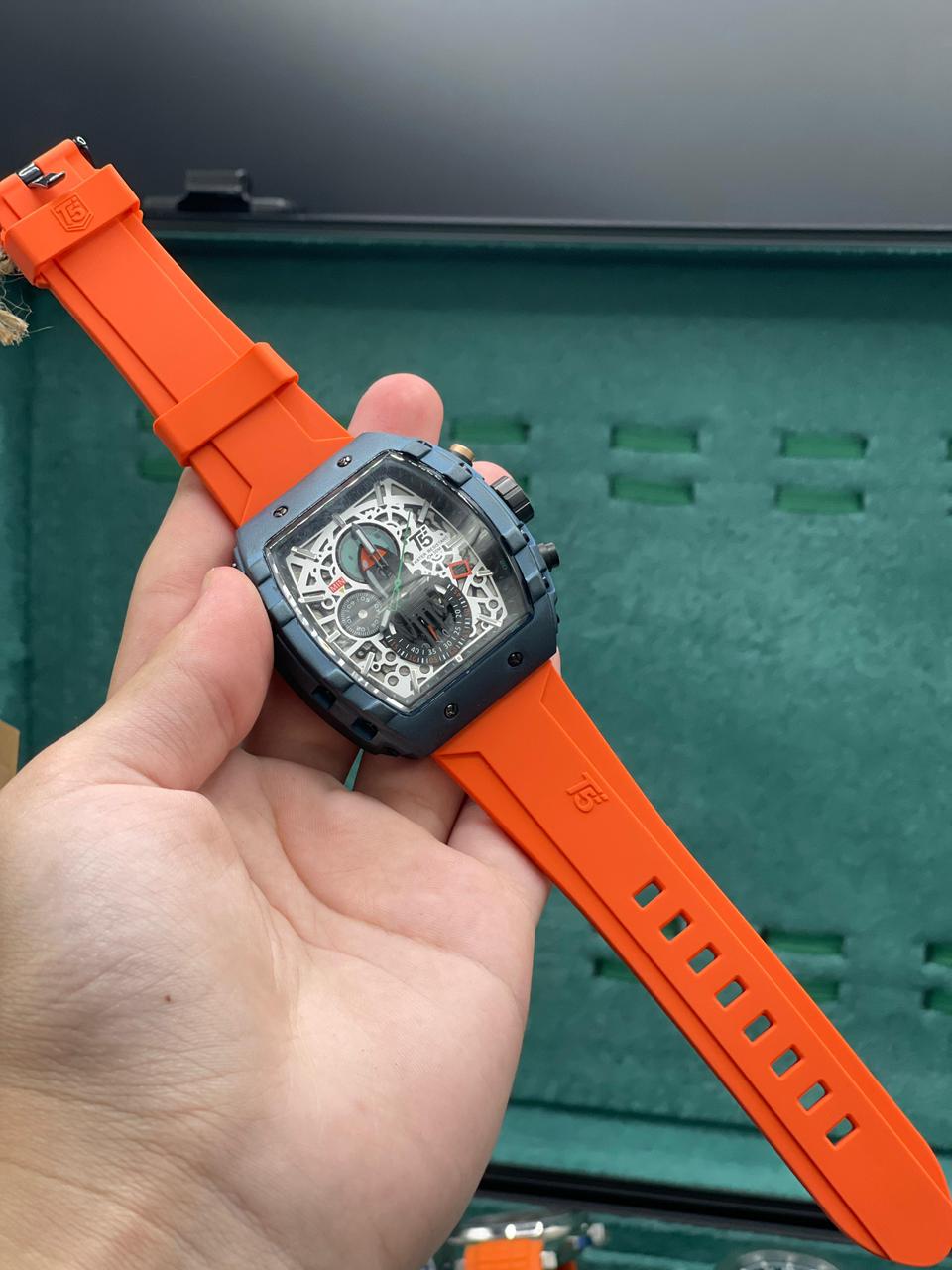 T5 Orange Rubber Strap With Chronograph Working Dial Watch.
