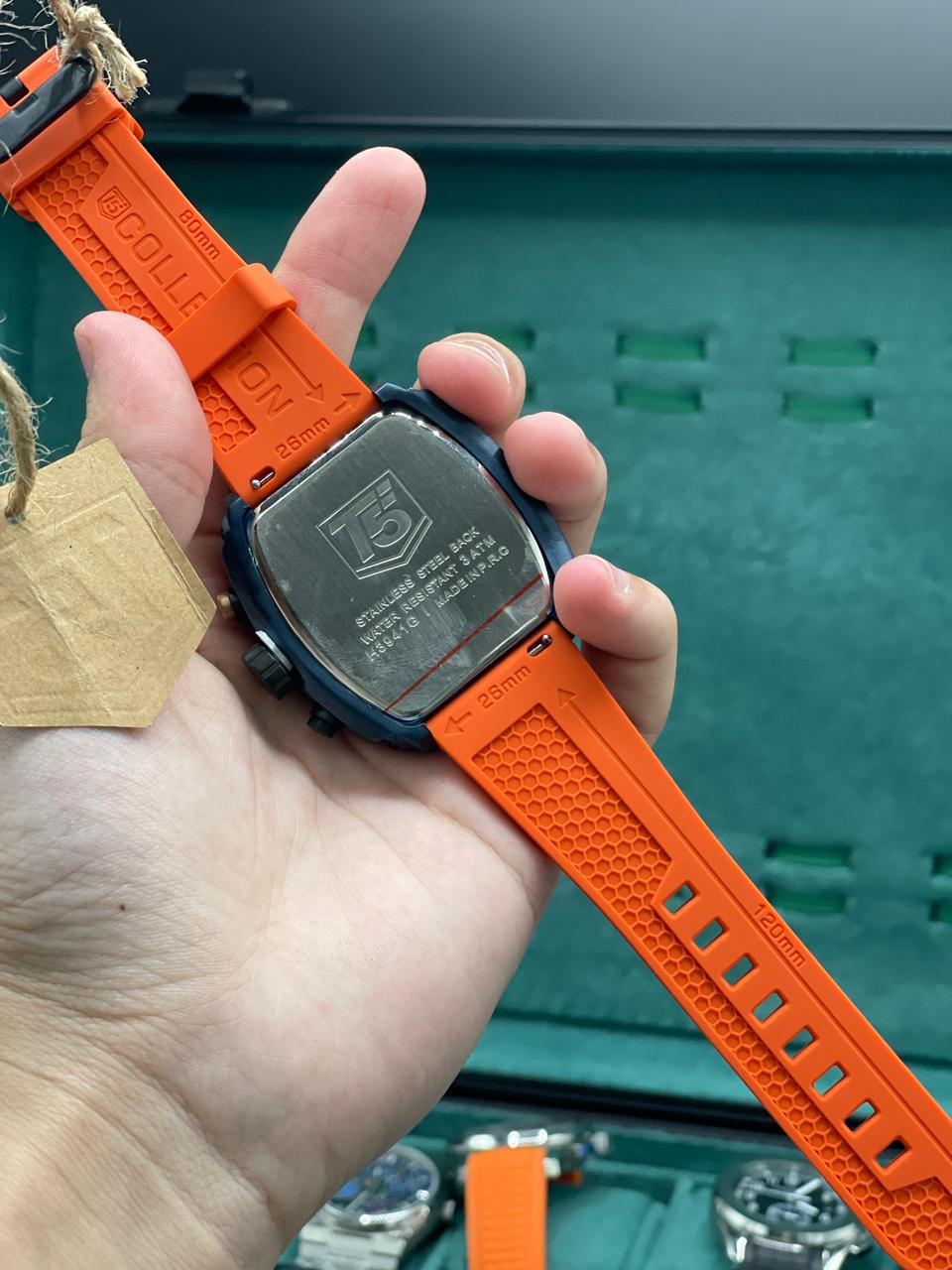 T5 Orange Rubber Strap With Chronograph Working Dial Watch.