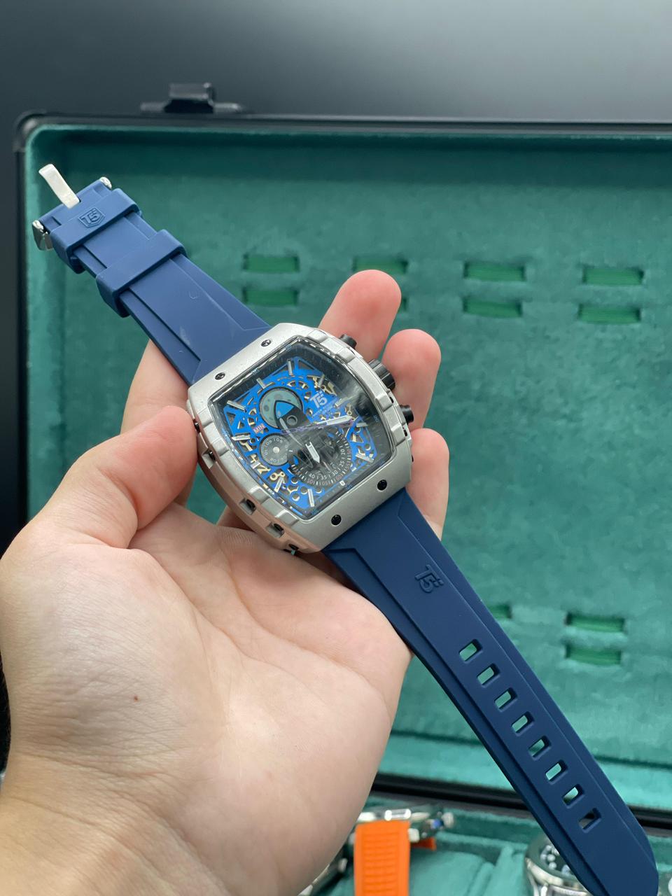 T5 Blue Rubber Strap With Chronograph Working Dial Watch