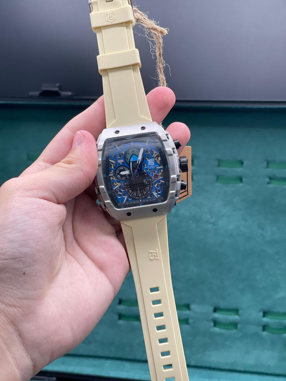 T5 Cream Rubber Strap With Chronograph Working Dial Watch.