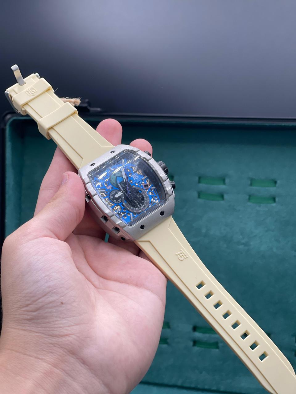 T5 Cream Rubber Strap With Chronograph Working Dial Watch.