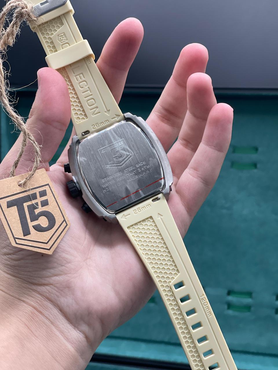T5 Cream Rubber Strap With Chronograph Working Dial Watch.